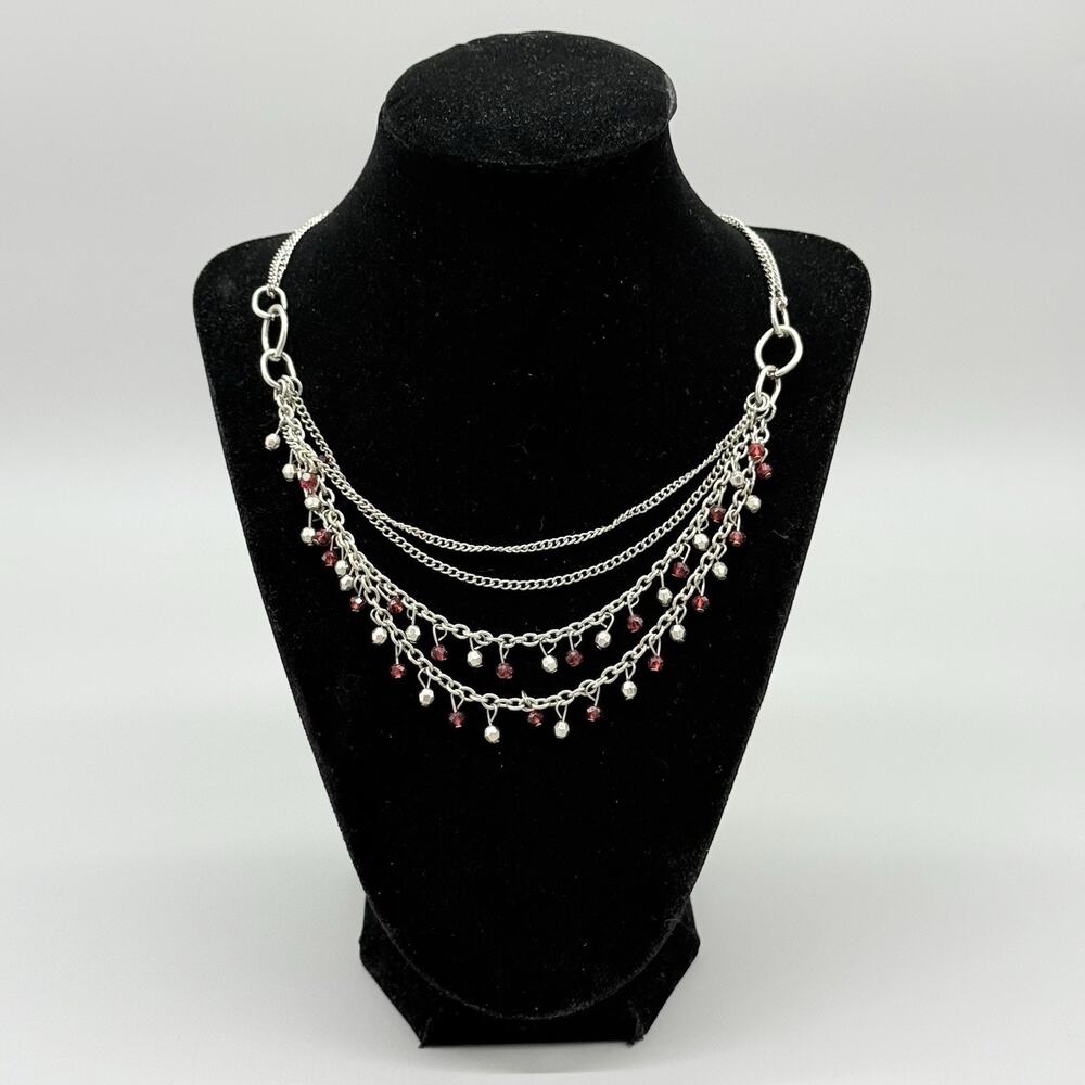 Multi Strand Silver Tone Chain Bib Necklace Red Maroon Beads Chandelier Fringe